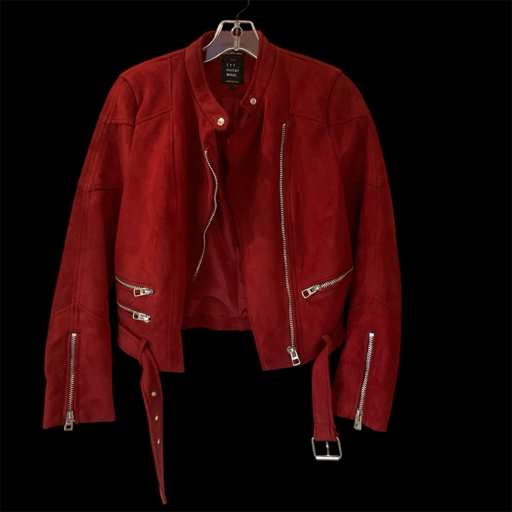Zara Trafaluc red faux suede biker jacket, multiple zippers, belted waist. Sz S